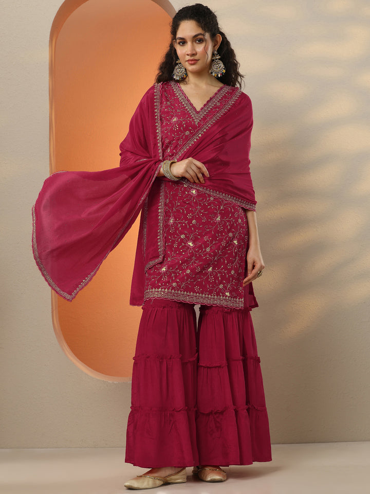 Libas Red Embroidered Chinon Straight Suit Set With Dupatta