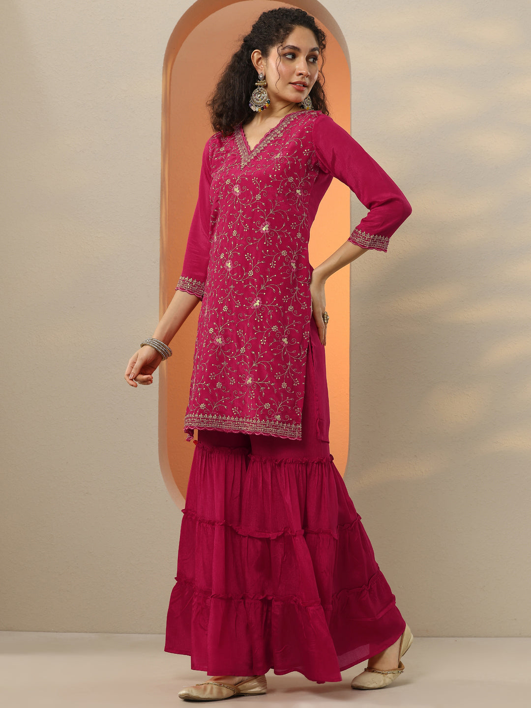 Red Embroidered Chinon Straight Suit Set With Dupatta