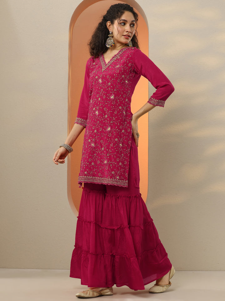 Red Embroidered Chinon Straight Suit Set With Dupatta