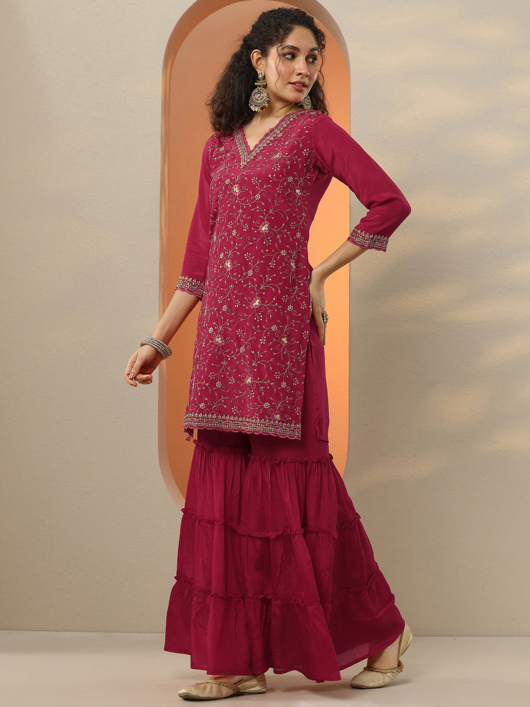 Libas Red Embroidered Chinon Straight Suit Set With Dupatta