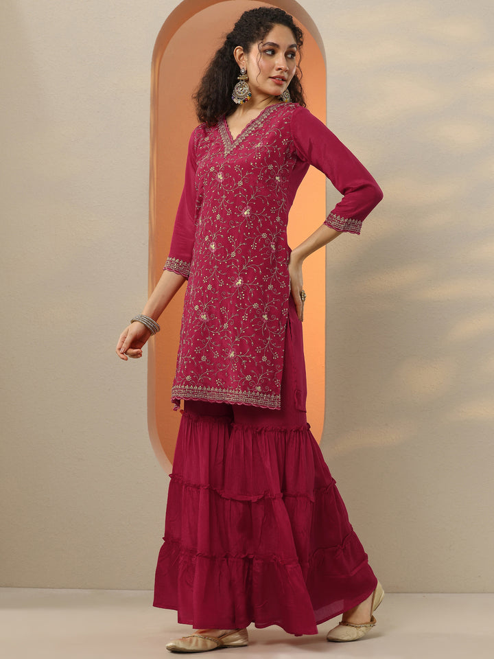 Libas Red Embroidered Chinon Straight Suit Set With Dupatta