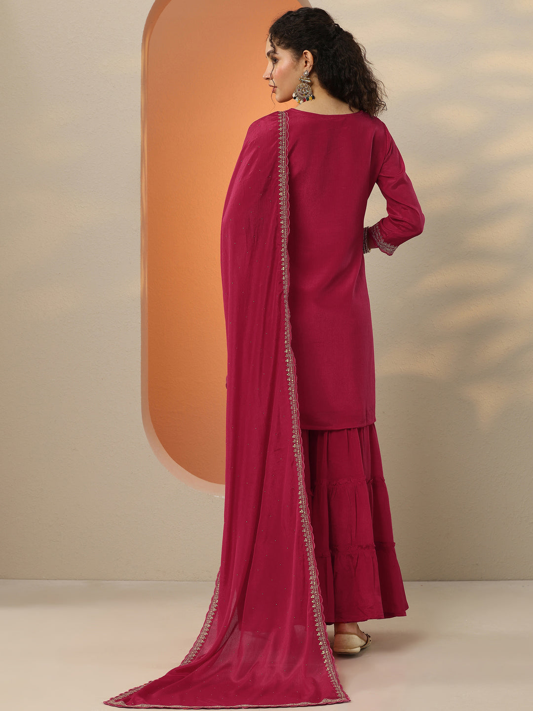 Libas Red Embroidered Chinon Straight Suit Set With Dupatta