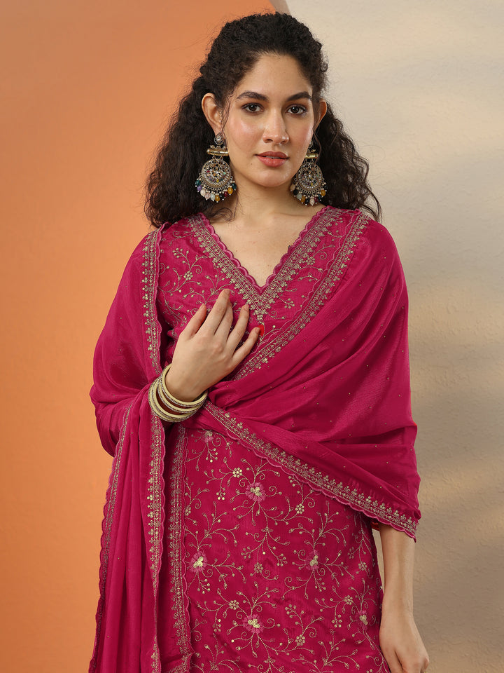 Red Embroidered Chinon Straight Suit Set With Dupatta