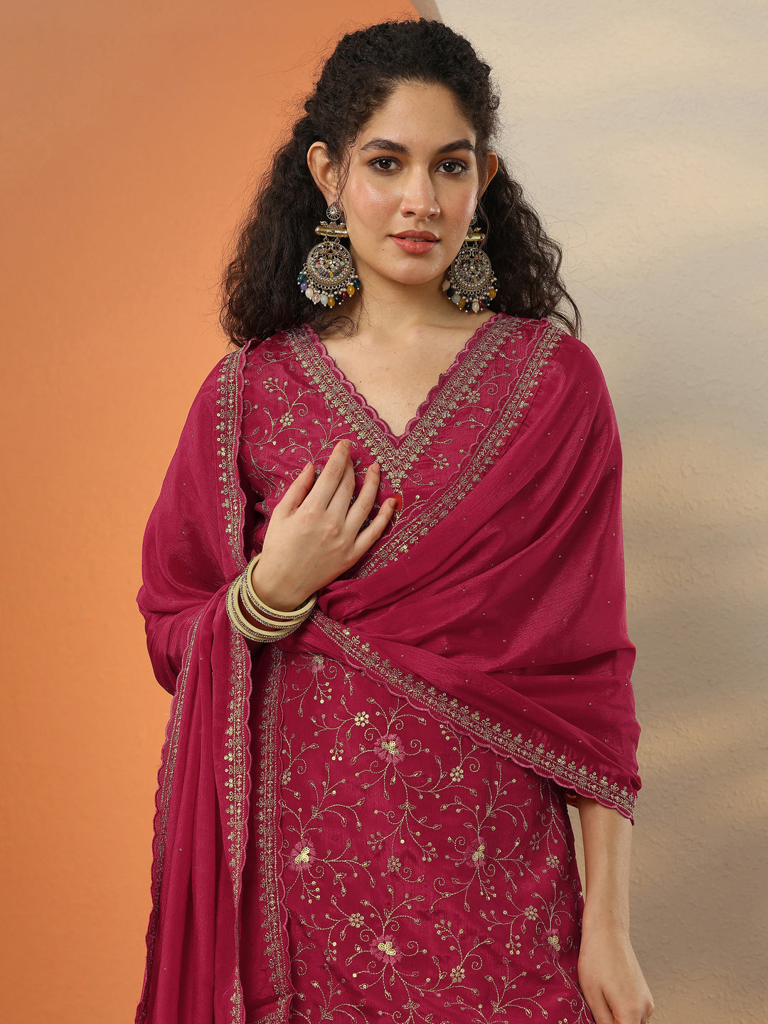 Libas Red Embroidered Chinon Straight Suit Set With Dupatta