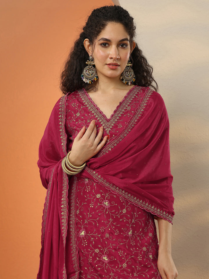 Libas Red Embroidered Chinon Straight Suit Set With Dupatta