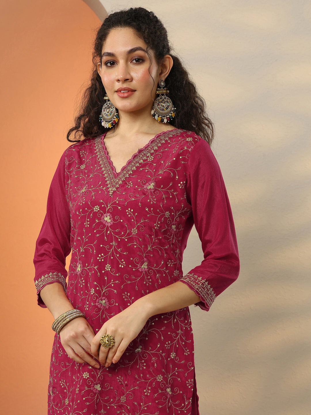 Libas Red Embroidered Chinon Straight Suit Set With Dupatta