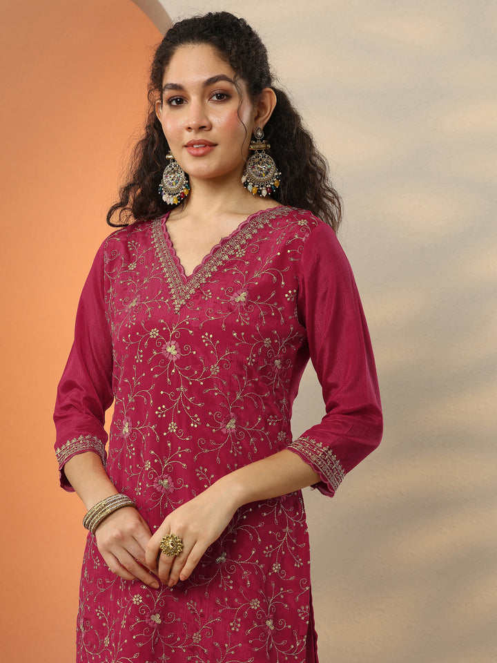 Libas Red Embroidered Chinon Straight Suit Set With Dupatta