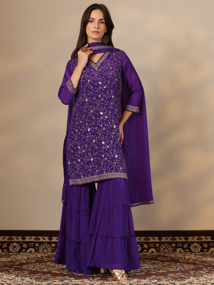 Kamini Purple Embroidered Chinon Straight Sharara Suit Set With Dupatta