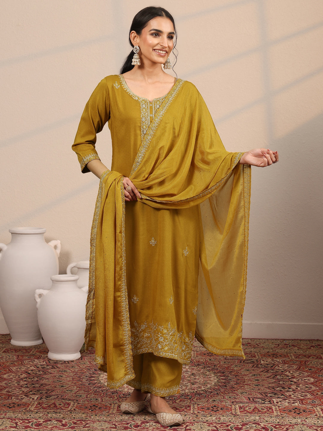 Mustard Embroidered Silk Blend  Straight Suit Set With Dupatta