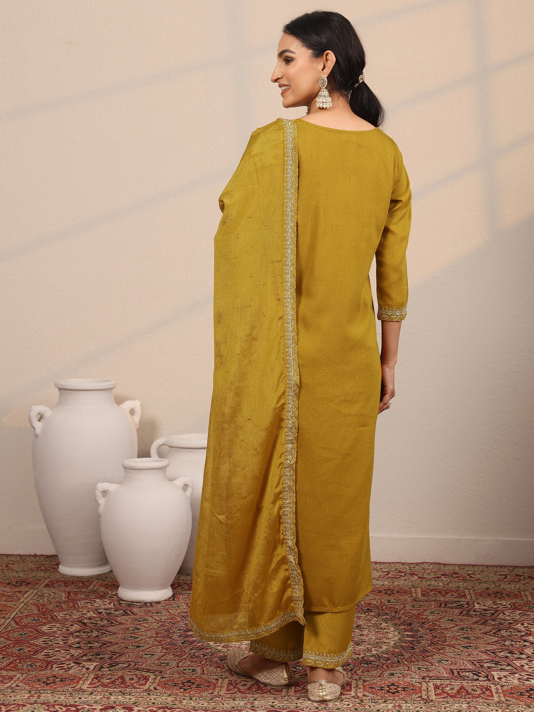Mustard Embroidered Silk Blend  Straight Suit Set With Dupatta