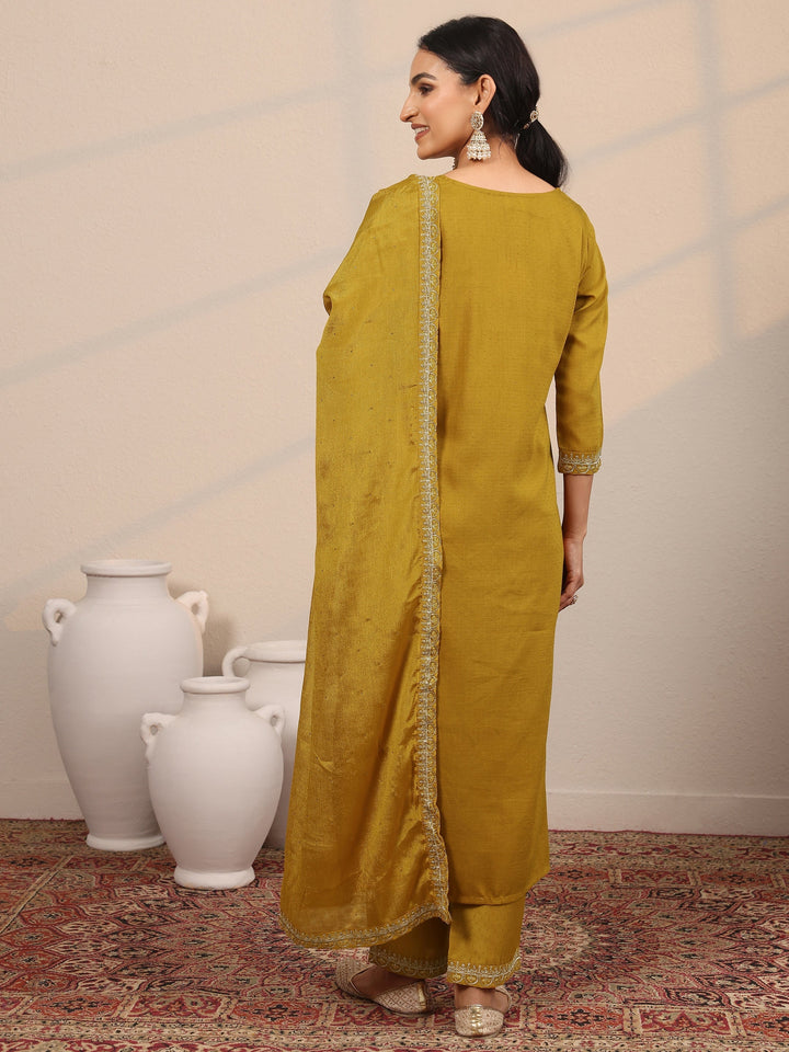 Mustard Embroidered Silk Blend  Straight Suit Set With Dupatta