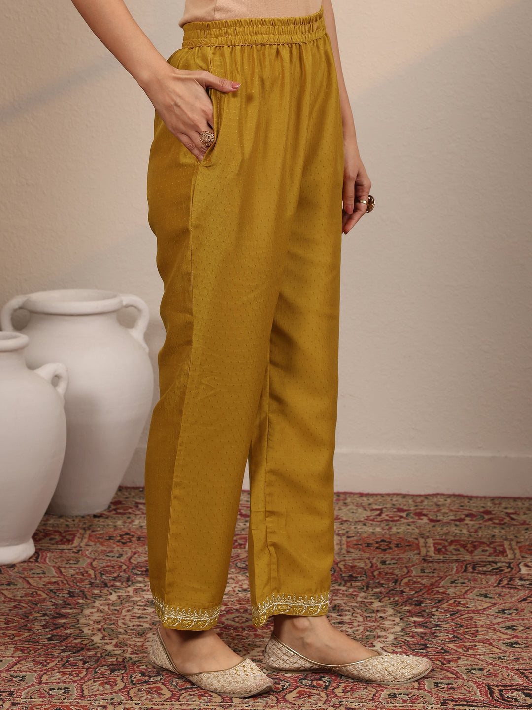 Mustard Embroidered Silk Blend  Straight Suit Set With Dupatta