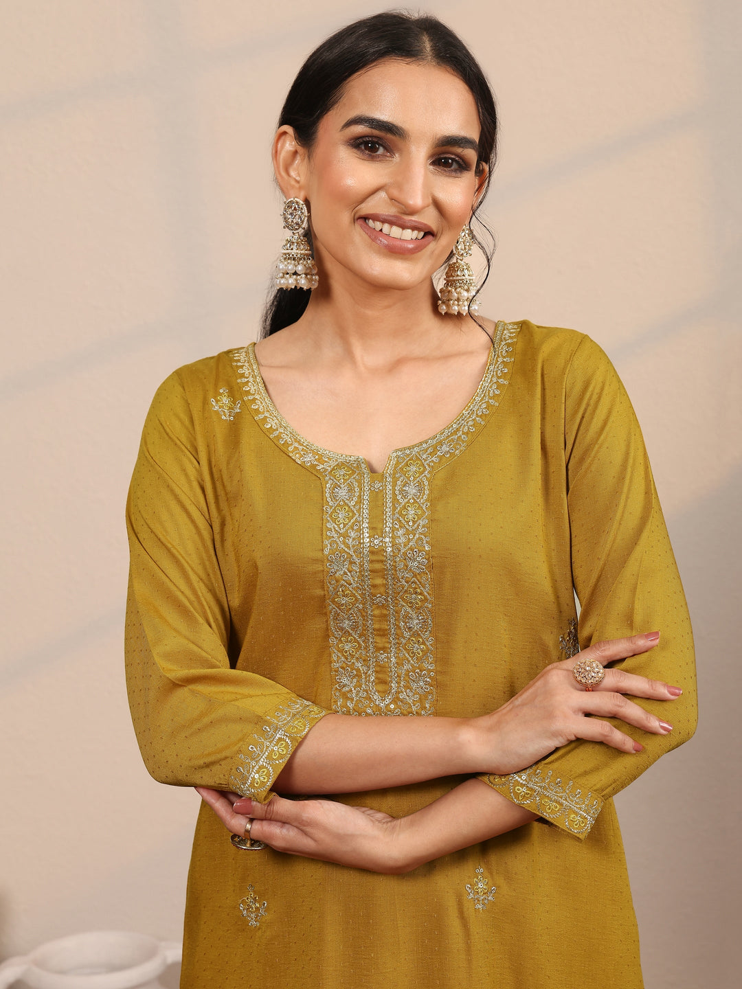 Mustard Embroidered Silk Blend  Straight Suit Set With Dupatta