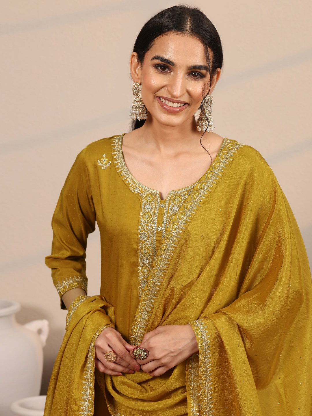 Mustard Embroidered Silk Blend  Straight Suit Set With Dupatta