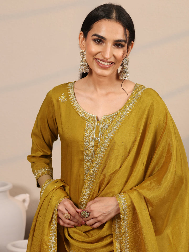 Mustard Embroidered Silk Blend  Straight Suit Set With Dupatta