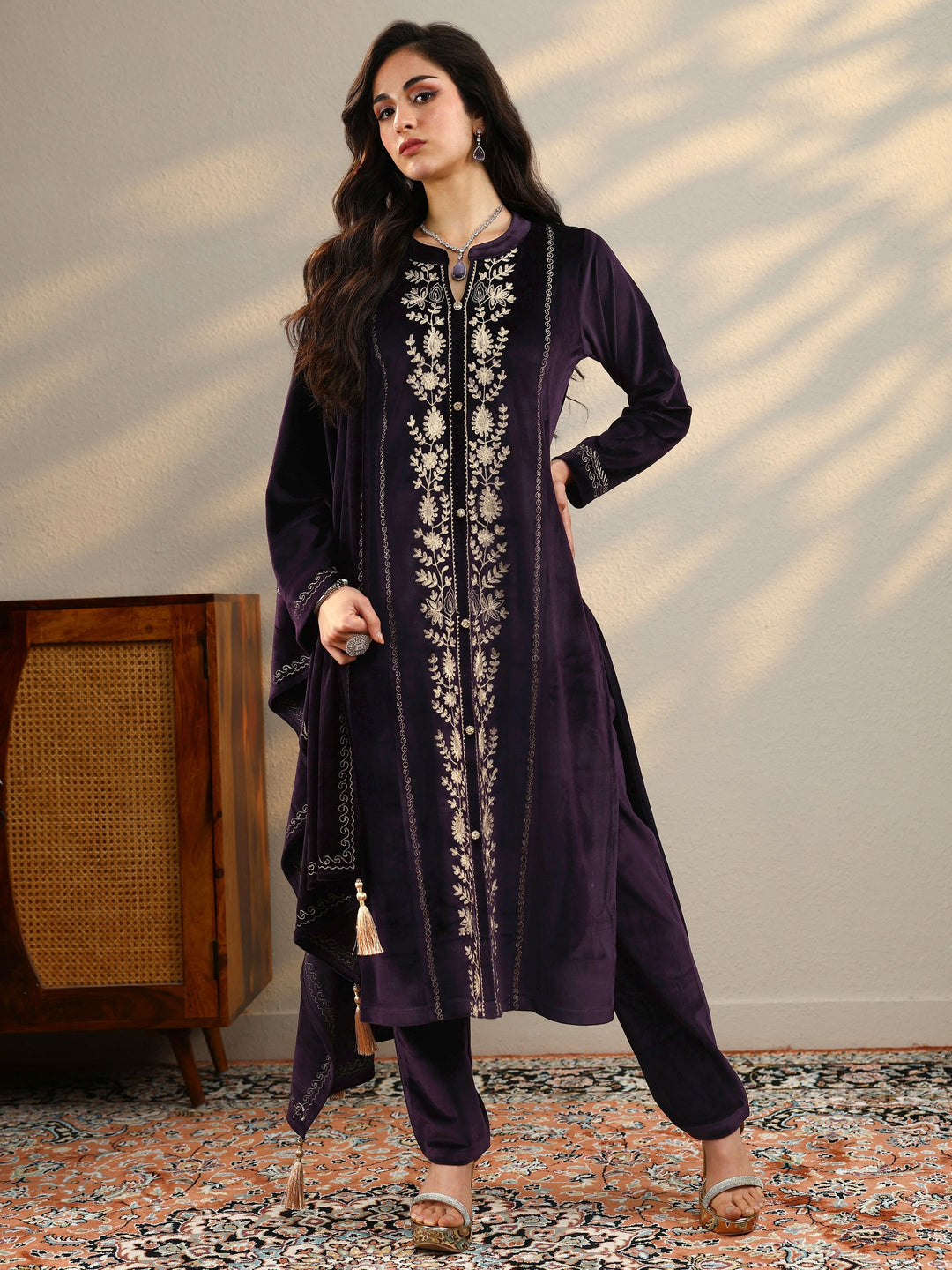 Purple Embroidered Velvet Straight Suit Set With Dupatta