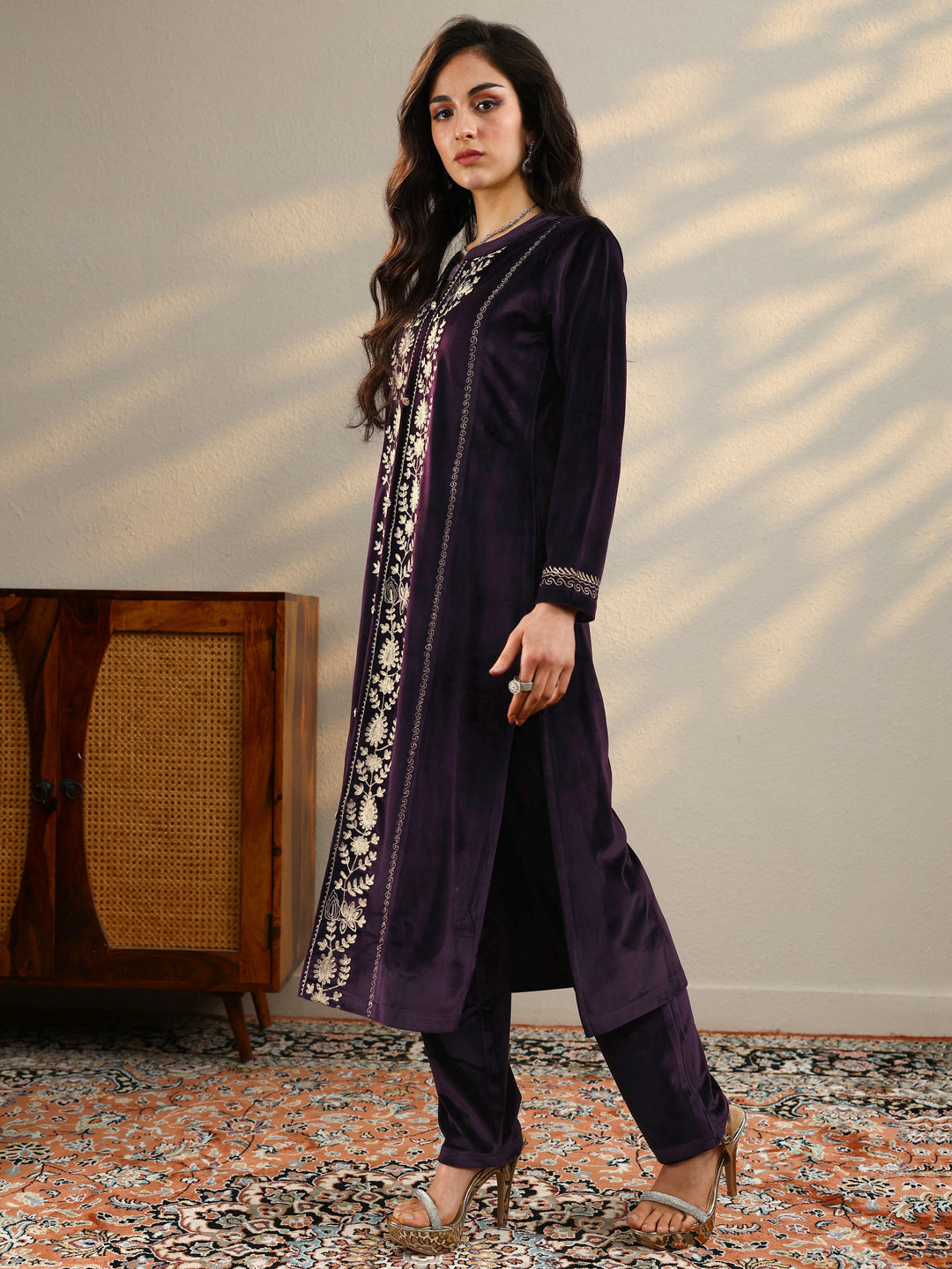 Purple Embroidered Velvet Straight Suit Set With Dupatta