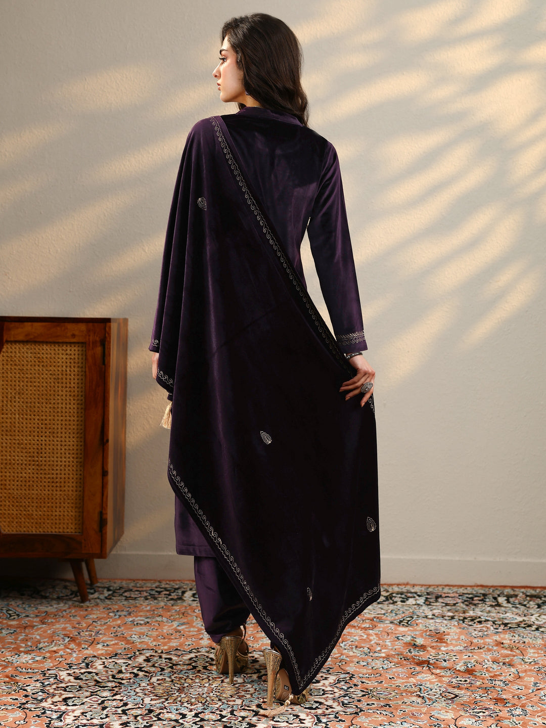 Purple Embroidered Velvet Straight Suit Set With Dupatta