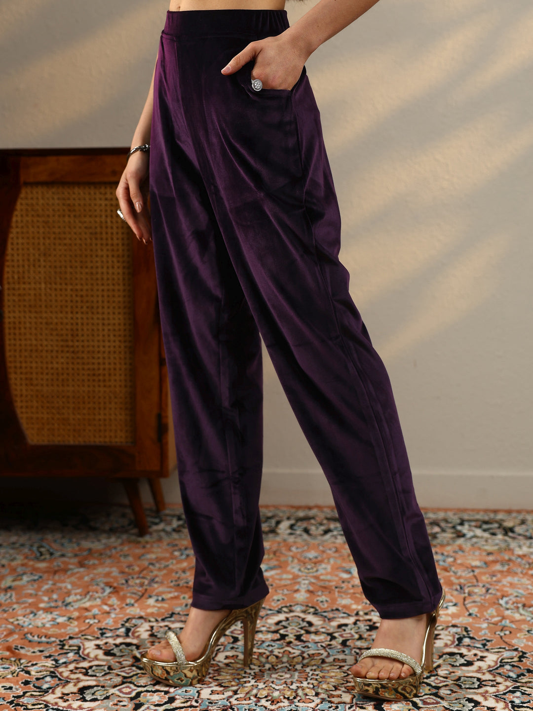 Purple Embroidered Velvet Straight Suit Set With Dupatta