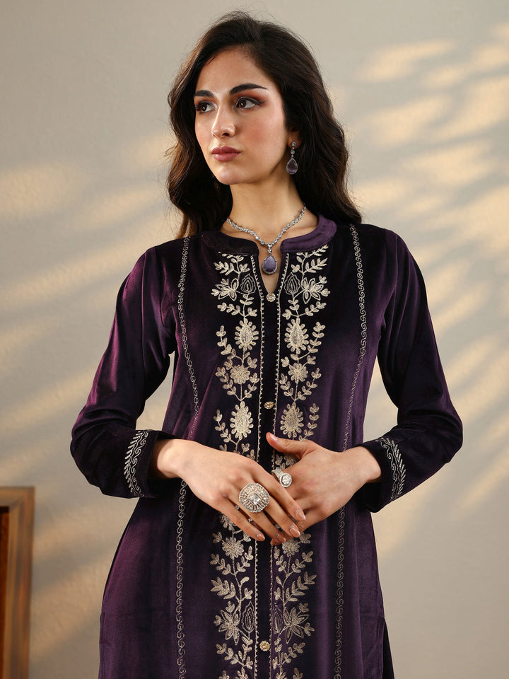 Purple Embroidered Velvet Straight Suit Set With Dupatta