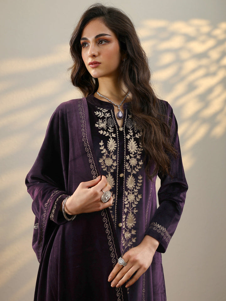 Purple Embroidered Velvet Straight Suit Set With Dupatta