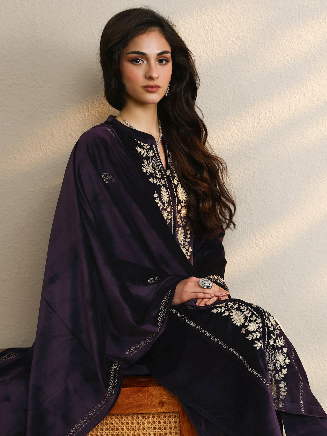 Purple Embroidered Velvet Straight Suit Set With Dupatta