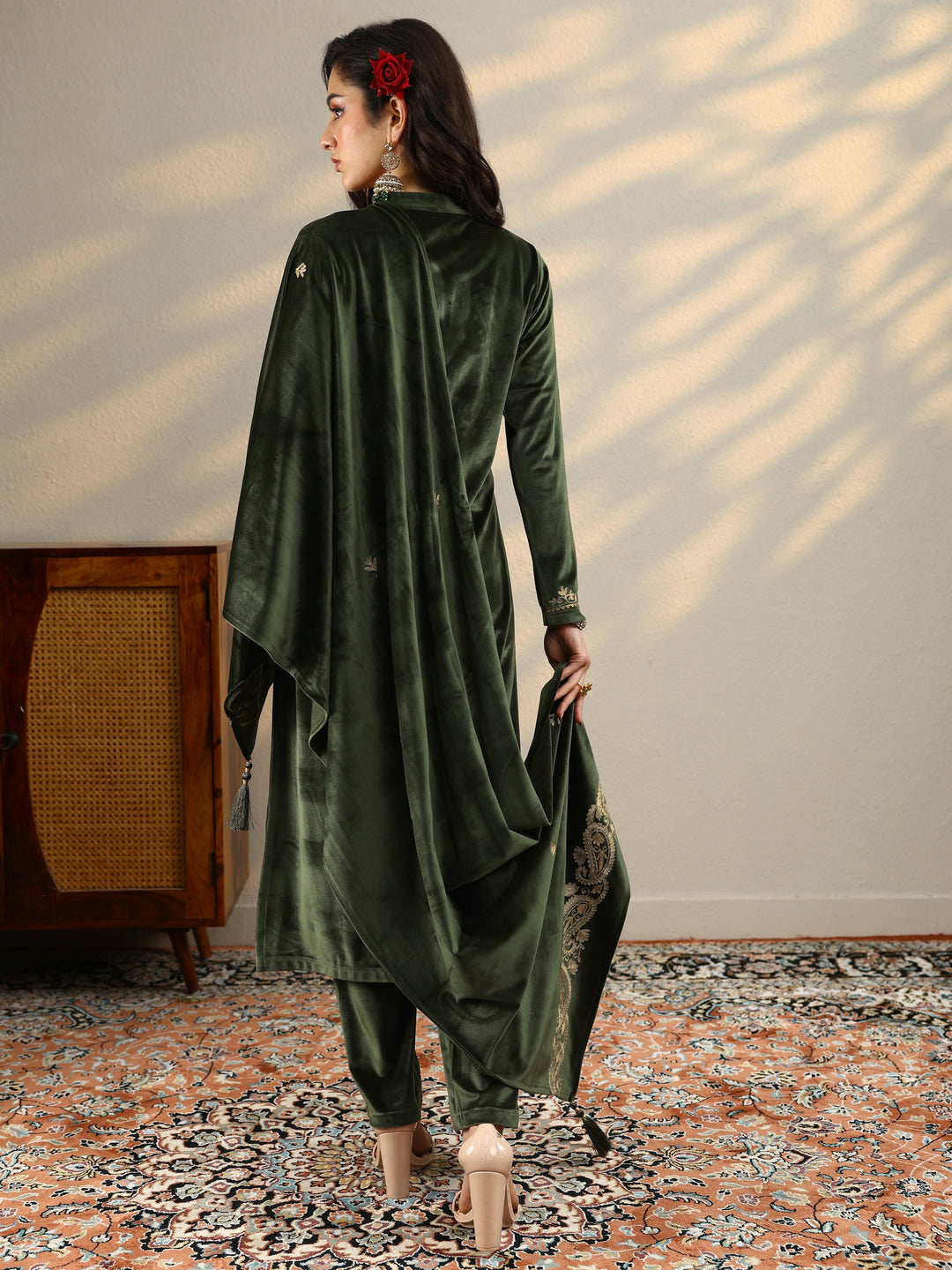 Olive Yoke Design Velvet Straight Suit Set With Dupatta