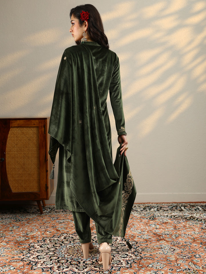 Olive Yoke Design Velvet Straight Suit Set With Dupatta