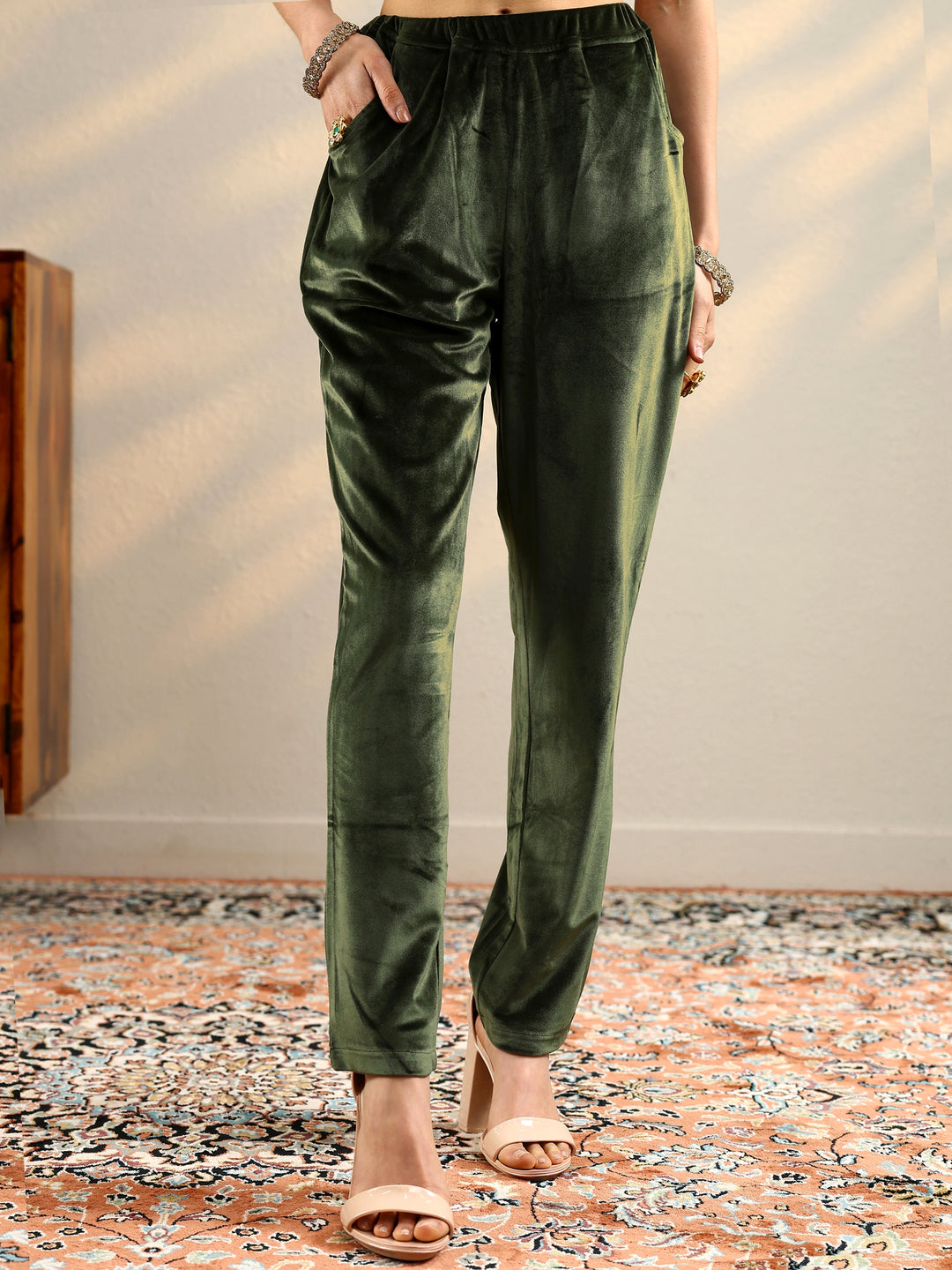 Olive Yoke Design Velvet Straight Suit Set With Dupatta