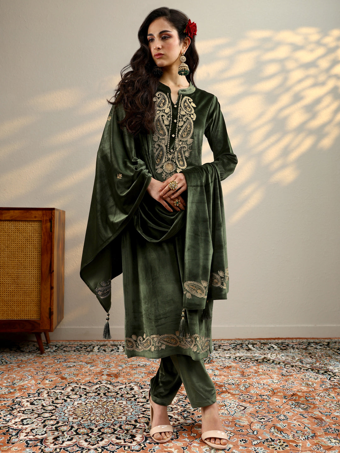 Olive Yoke Design Velvet Straight Suit Set With Dupatta