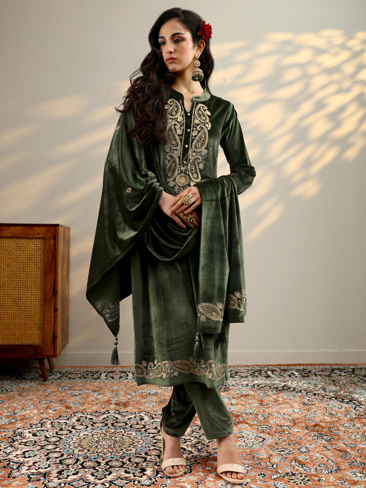 Olive Yoke Design Velvet Straight Suit Set With Dupatta