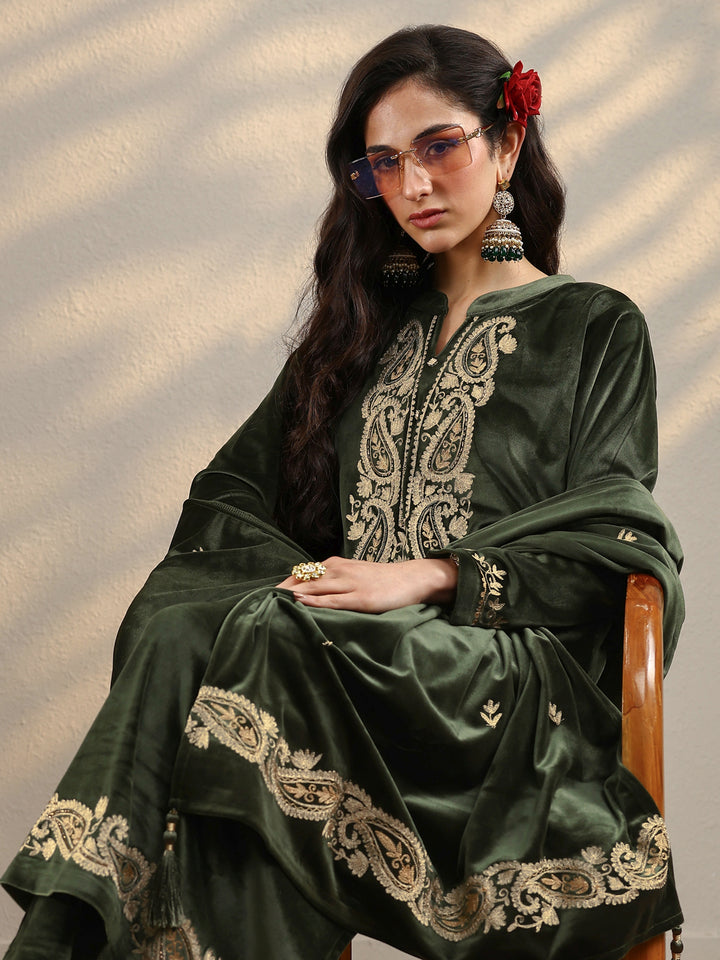 Olive Yoke Design Velvet Straight Suit Set With Dupatta