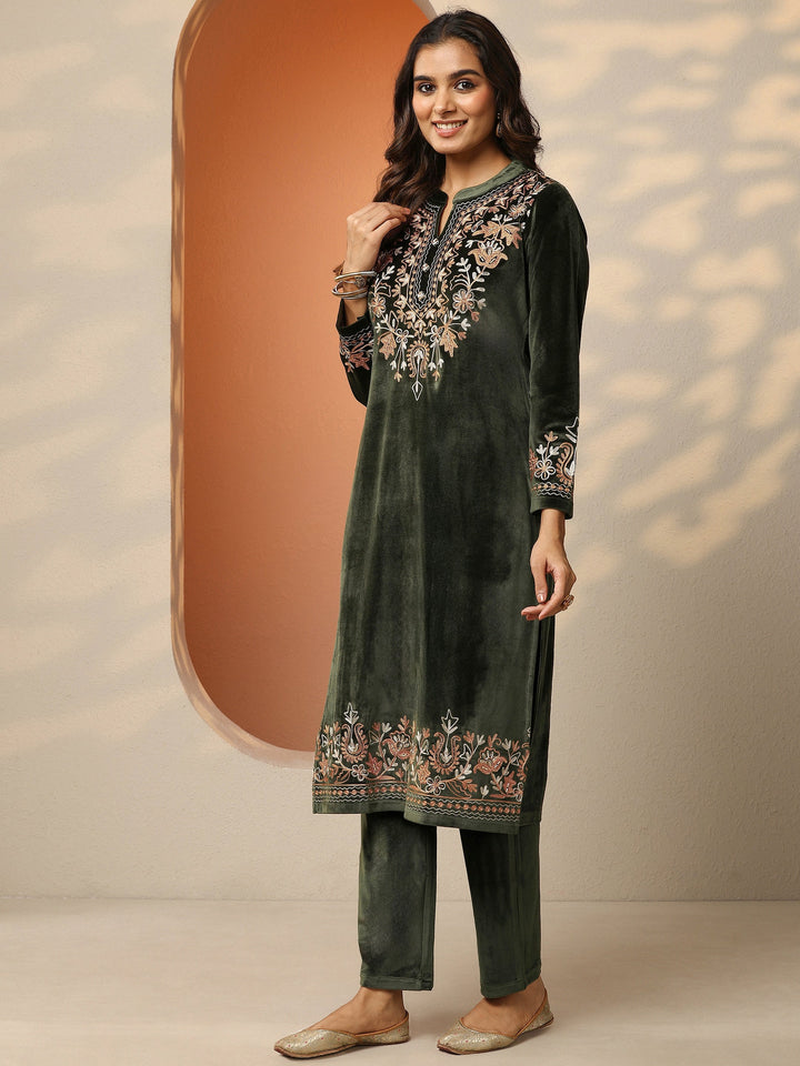 Olive Embroidered Velvet Straight Suit Set With Dupatta