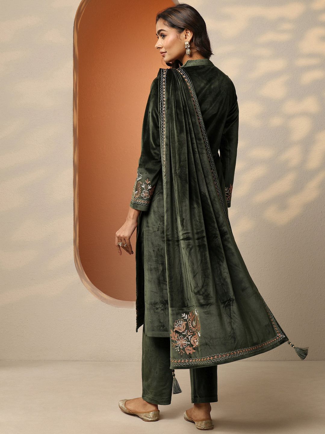 Olive Embroidered Velvet Straight Suit Set With Dupatta