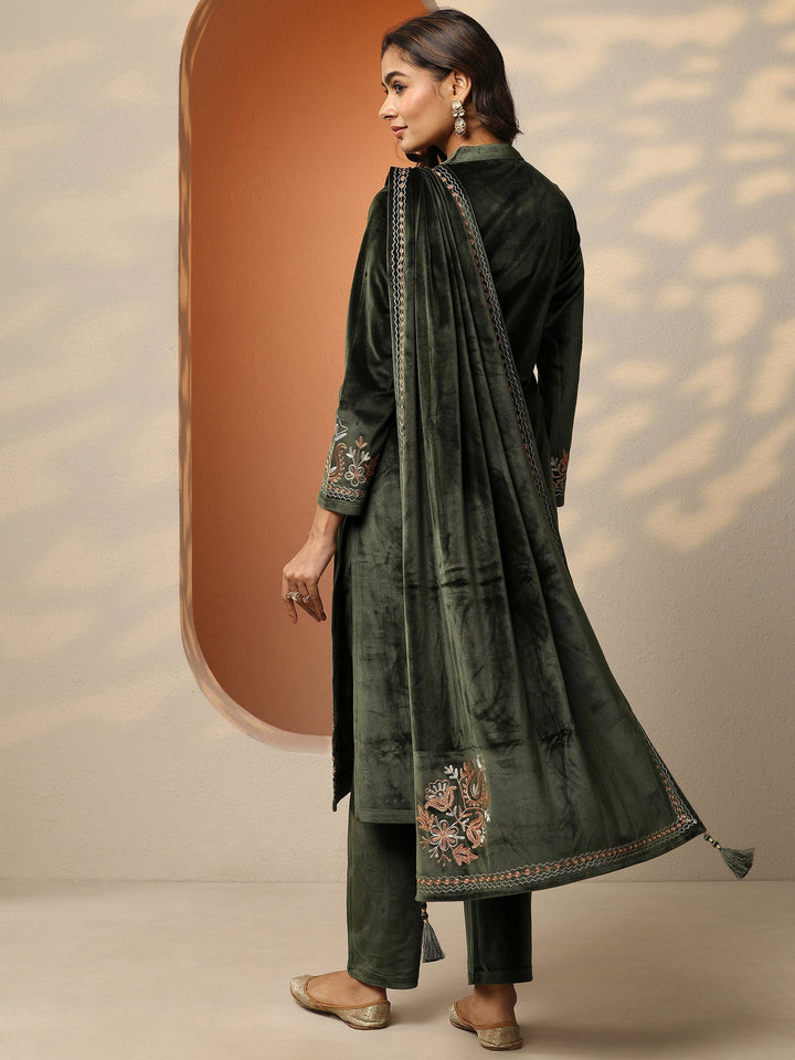 Olive Embroidered Velvet Straight Suit Set With Dupatta