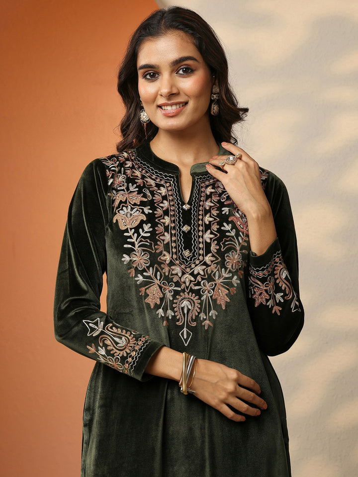 Olive Embroidered Velvet Straight Suit Set With Dupatta