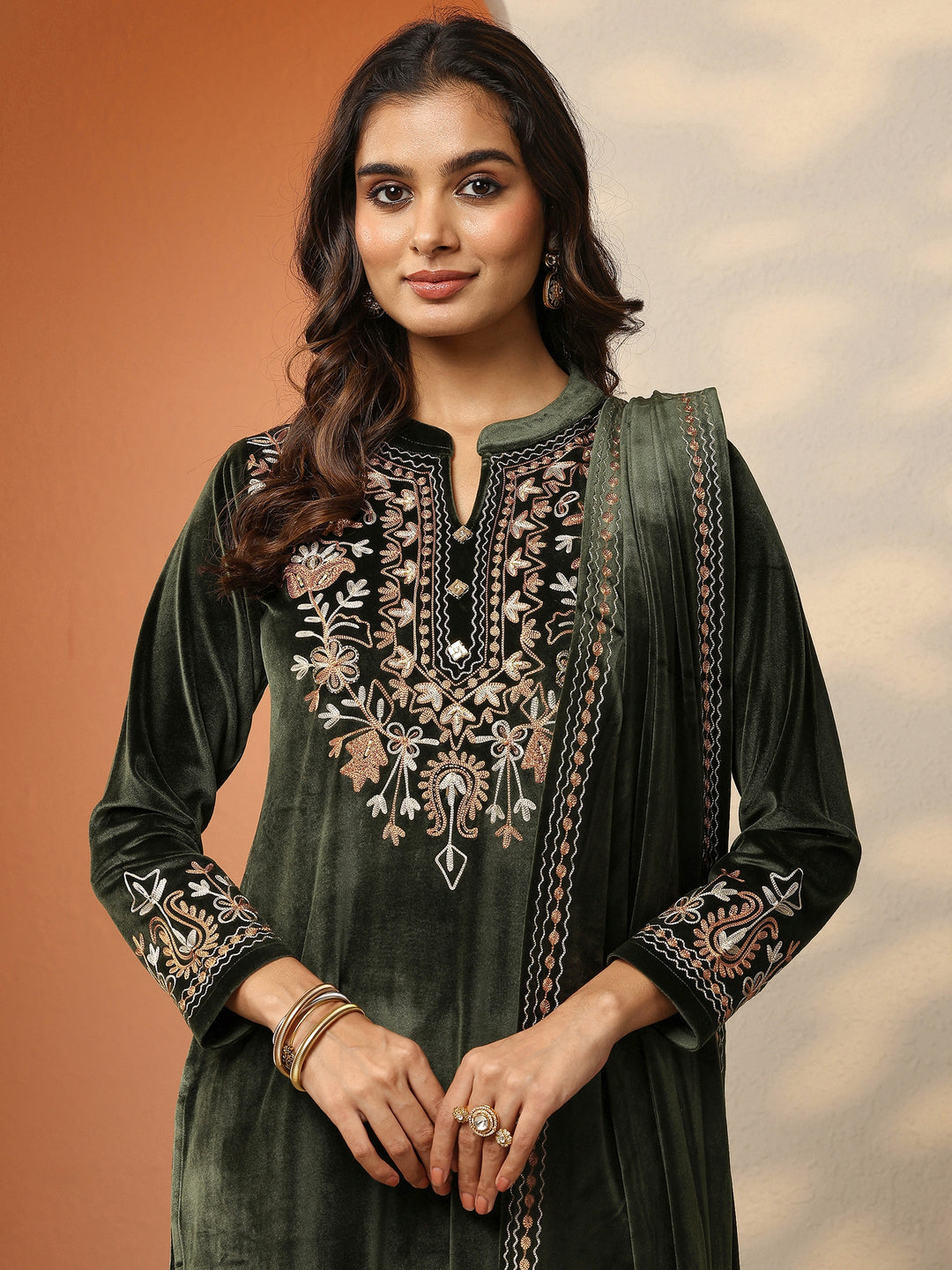 Olive Embroidered Velvet Straight Suit Set With Dupatta