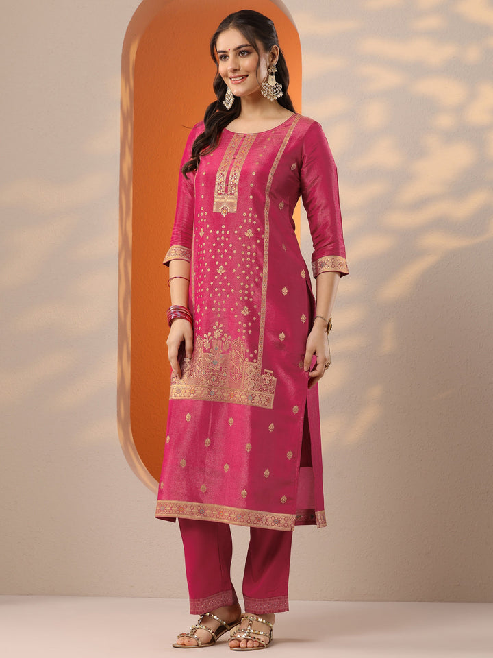 Libas Art Pink Woven Design Silk Blend Straight Suit Set With Dupatta