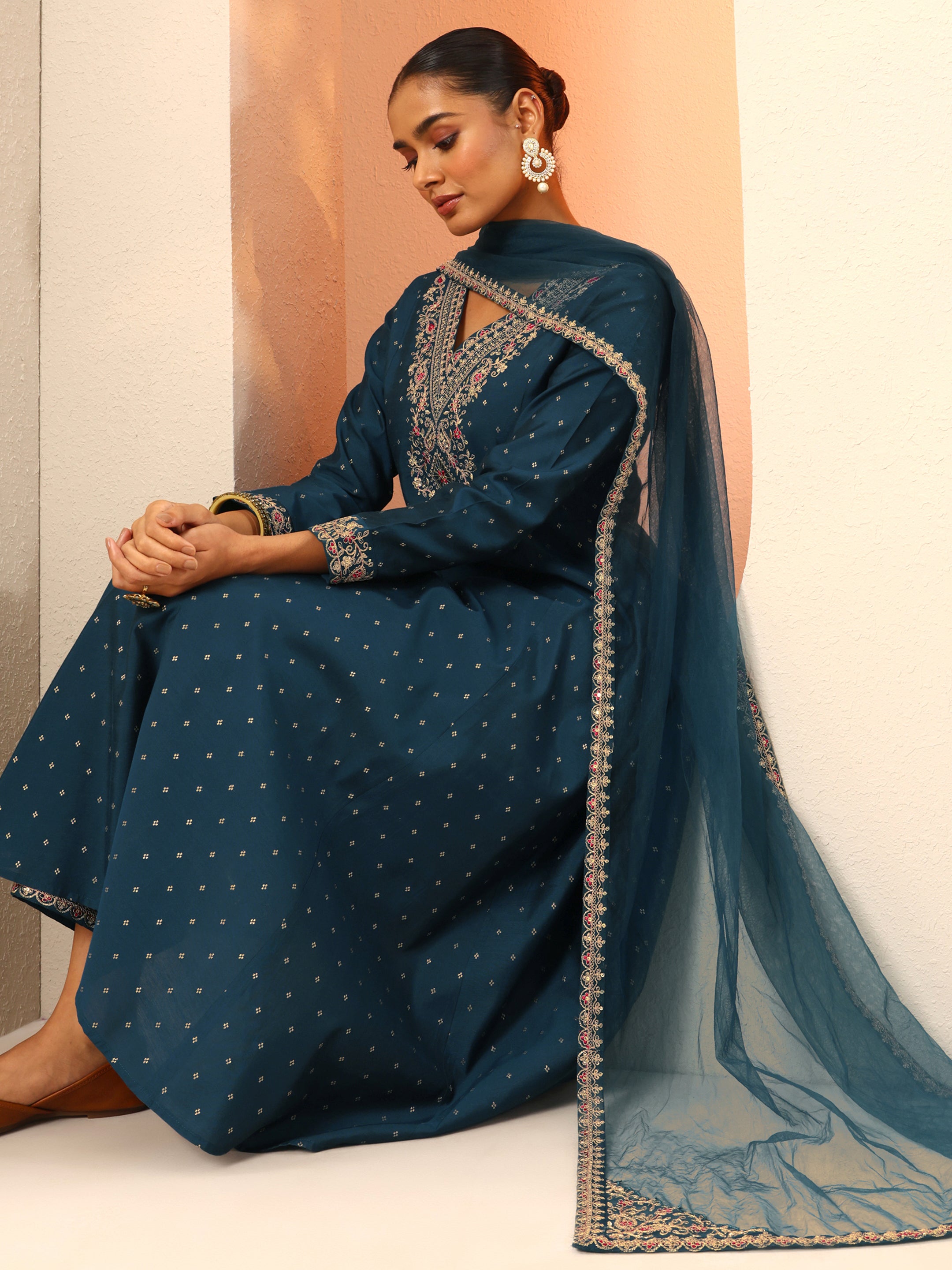 Libas Navy Blue Printed Kurta Set with Pant and Dupatta