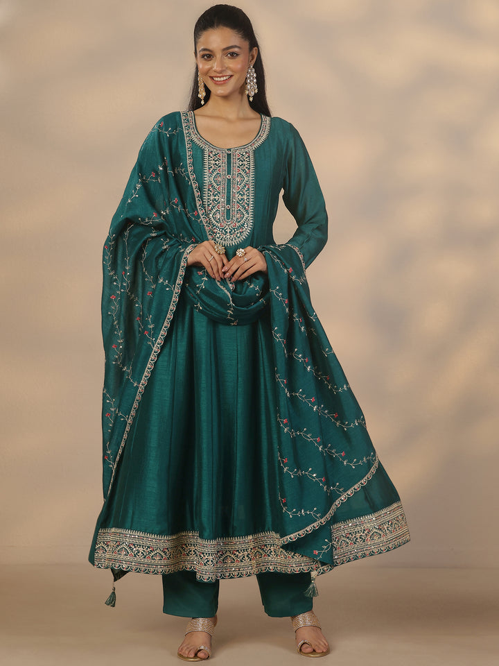 Green Embroidered Silk Blend Anarkali Suit Set With Dupatta