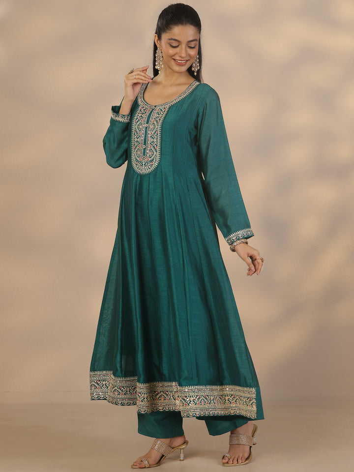 Green Embroidered Silk Blend Anarkali Suit Set With Dupatta