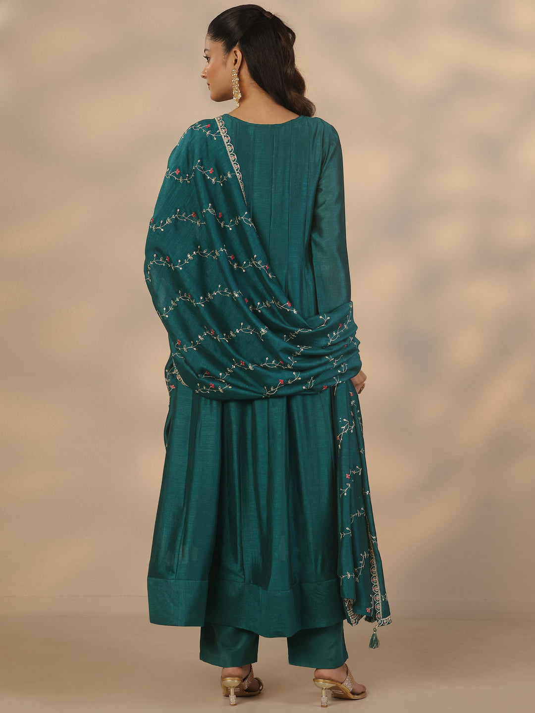 Green Embroidered Silk Blend Anarkali Suit Set With Dupatta