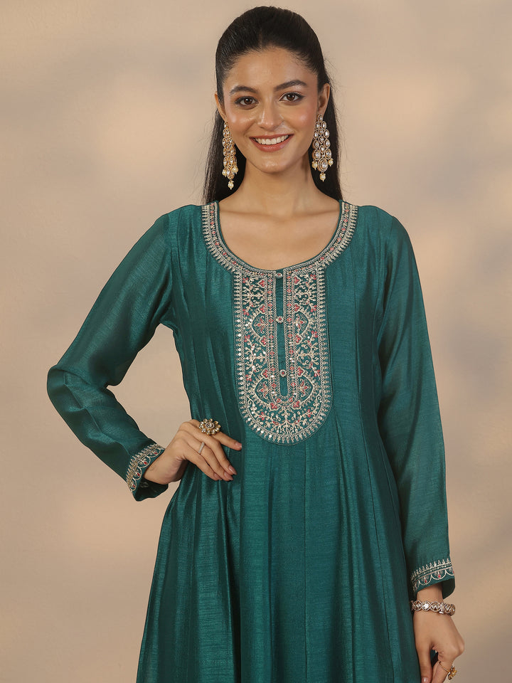 Green Embroidered Silk Blend Anarkali Suit Set With Dupatta