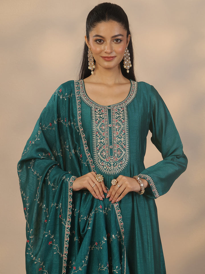 Green Embroidered Silk Blend Anarkali Suit Set With Dupatta