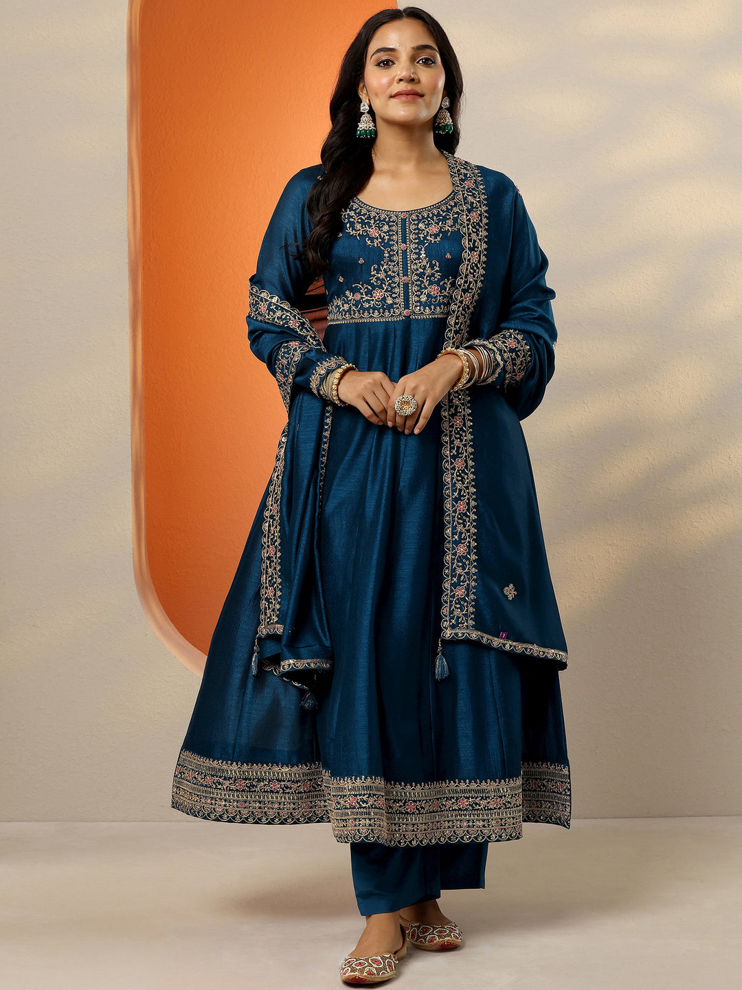 Navy Blue Yoke Design Silk Blend Anarkali Suit Set With Dupatta