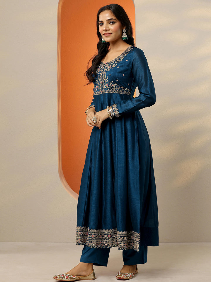 Navy Blue Yoke Design Silk Blend Anarkali Suit Set With Dupatta