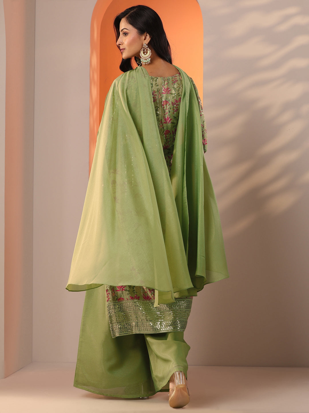 Libas Art Green Printed Silk Blend Straight Suit Set With Dupatta