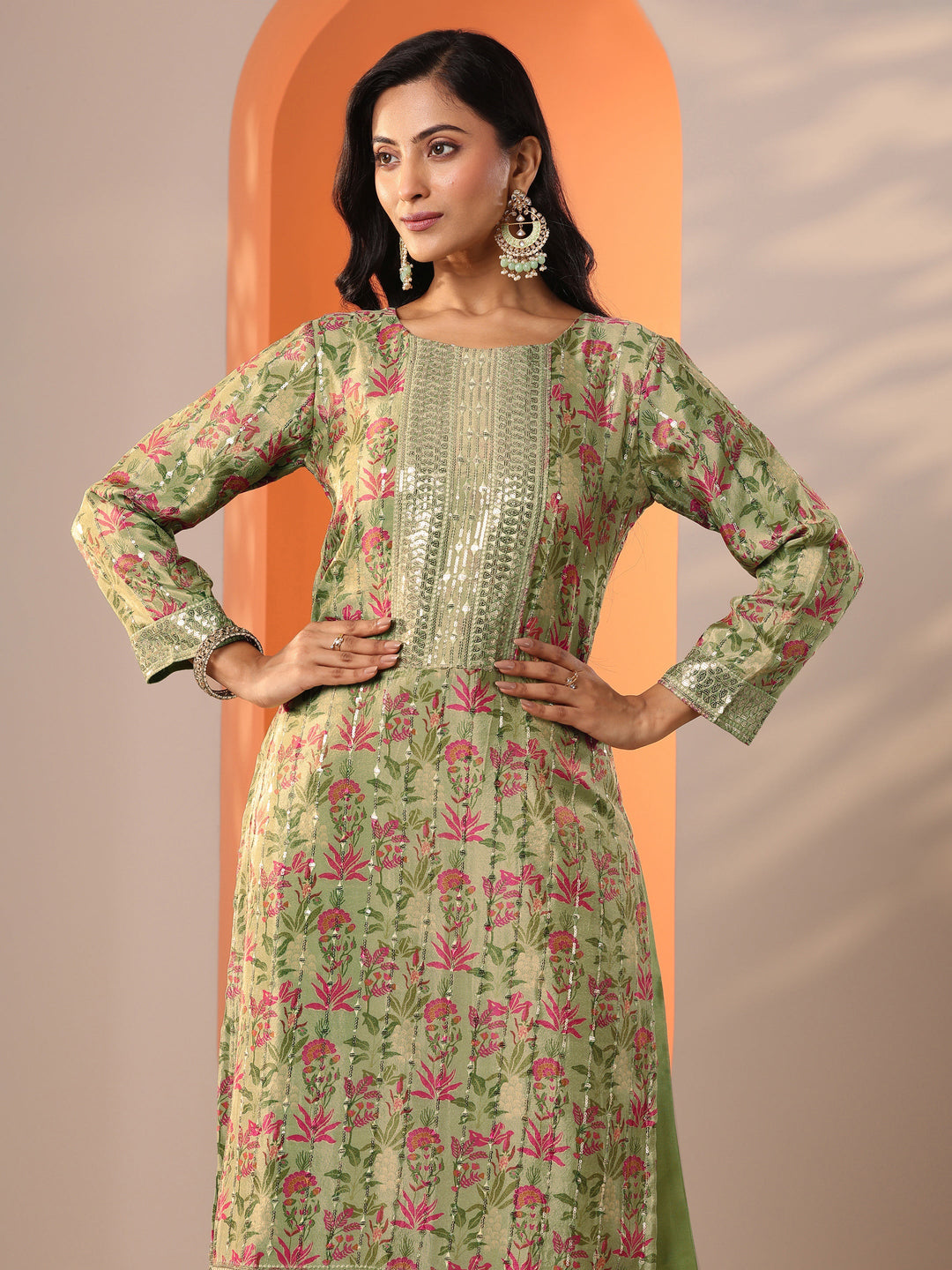 Libas Art Green Printed Silk Blend Straight Suit Set With Dupatta