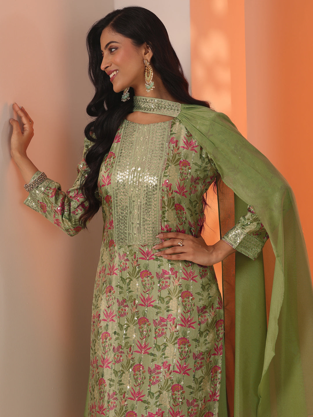 Libas Art Green Printed Silk Blend Straight Suit Set With Dupatta