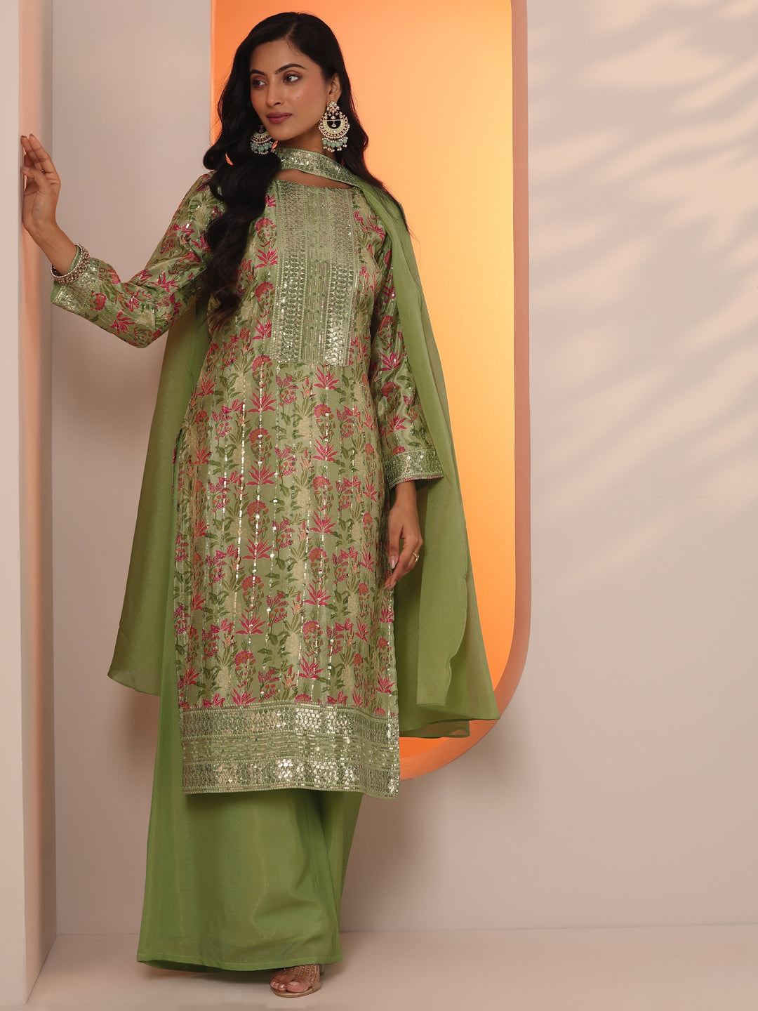 Libas Art Green Printed Silk Blend Straight Suit Set With Dupatta
